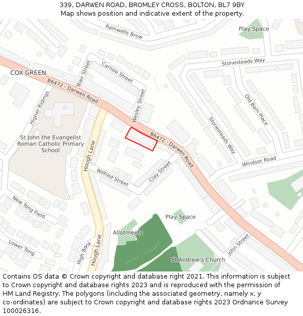 339, DARWEN ROAD, BROMLEY CROSS, BOLTON, BL7 9BY: Location map and indicative extent of plot