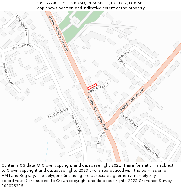 339, MANCHESTER ROAD, BLACKROD, BOLTON, BL6 5BH: Location map and indicative extent of plot