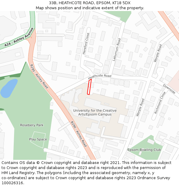 33B, HEATHCOTE ROAD, EPSOM, KT18 5DX: Location map and indicative extent of plot