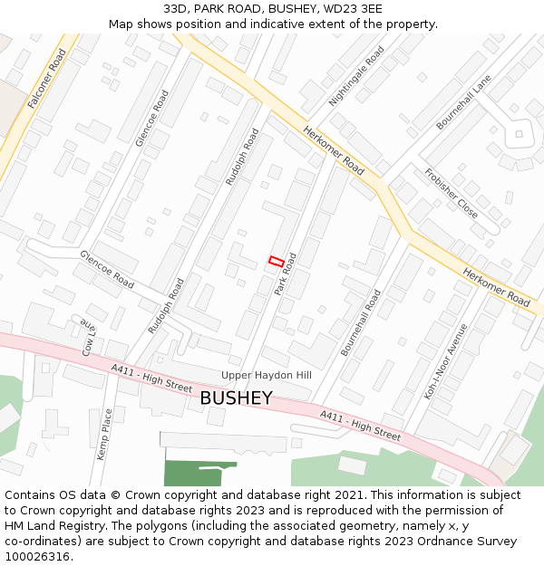 33D, PARK ROAD, BUSHEY, WD23 3EE: Location map and indicative extent of plot