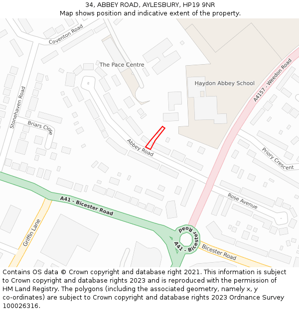 34, ABBEY ROAD, AYLESBURY, HP19 9NR: Location map and indicative extent of plot