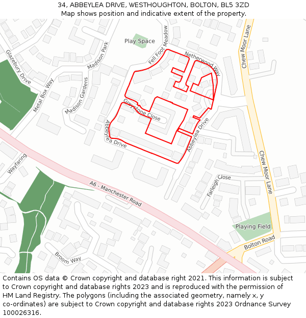 34, ABBEYLEA DRIVE, WESTHOUGHTON, BOLTON, BL5 3ZD: Location map and indicative extent of plot