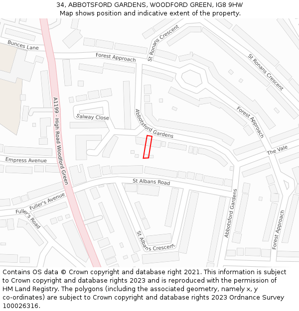 34, ABBOTSFORD GARDENS, WOODFORD GREEN, IG8 9HW: Location map and indicative extent of plot