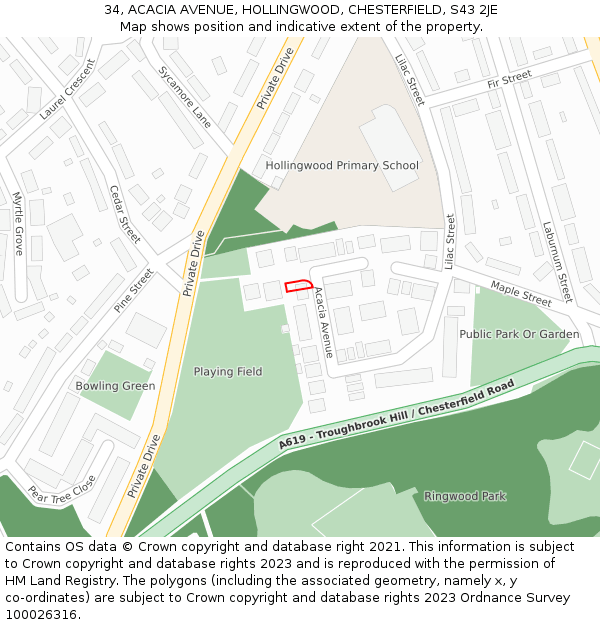34, ACACIA AVENUE, HOLLINGWOOD, CHESTERFIELD, S43 2JE: Location map and indicative extent of plot