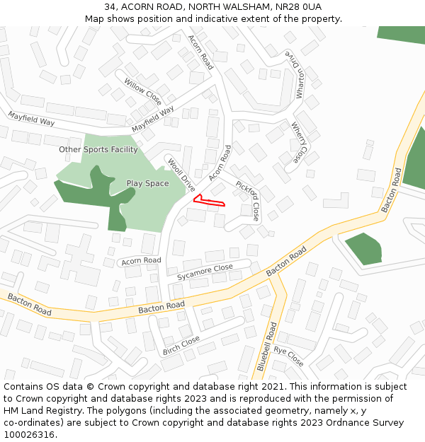34, ACORN ROAD, NORTH WALSHAM, NR28 0UA: Location map and indicative extent of plot