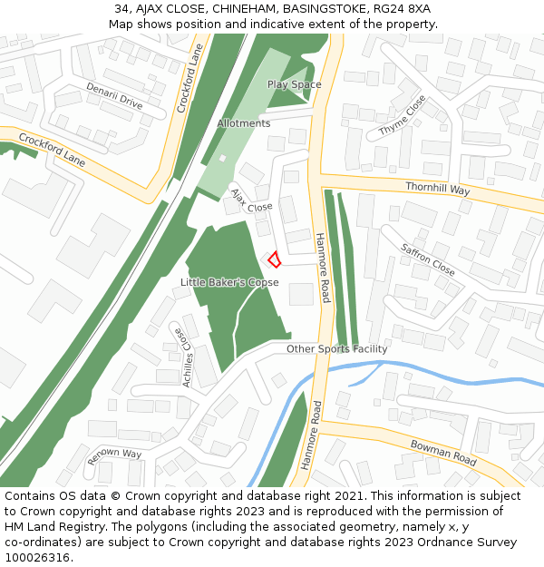 34, AJAX CLOSE, CHINEHAM, BASINGSTOKE, RG24 8XA: Location map and indicative extent of plot