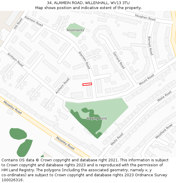 34, ALAMEIN ROAD, WILLENHALL, WV13 3TU: Location map and indicative extent of plot