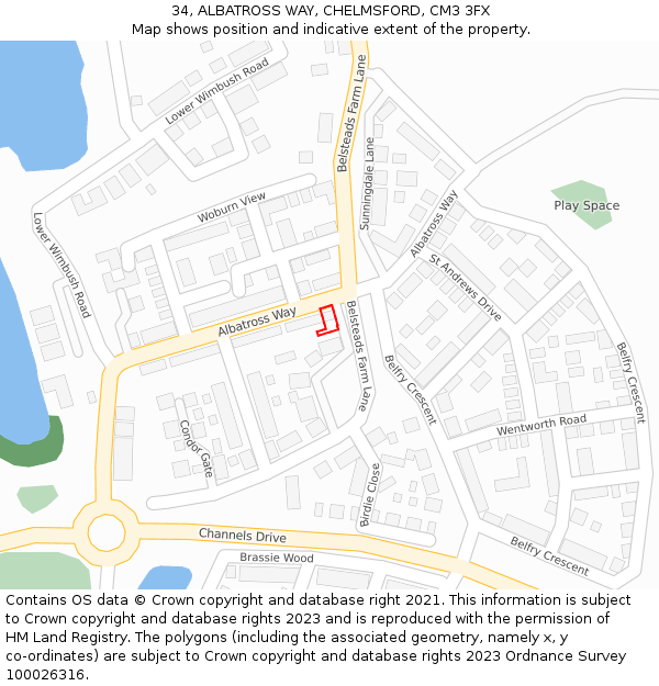 34, ALBATROSS WAY, CHELMSFORD, CM3 3FX: Location map and indicative extent of plot