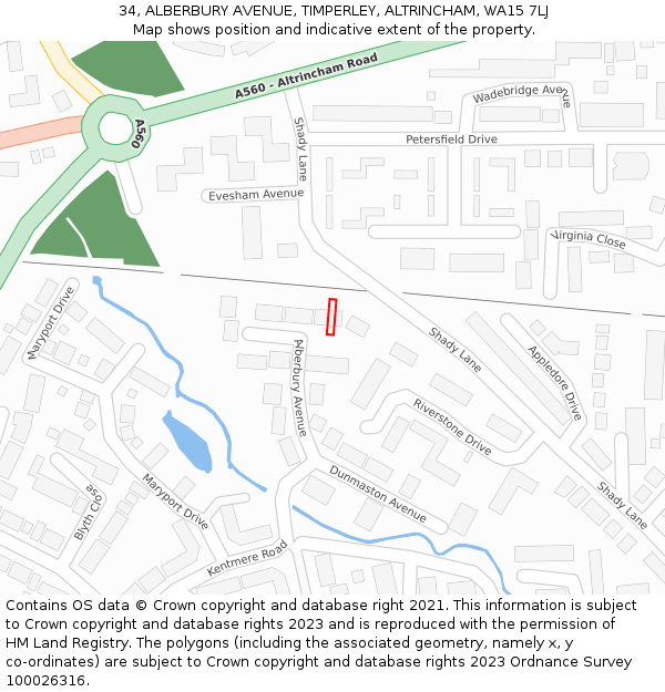 34, ALBERBURY AVENUE, TIMPERLEY, ALTRINCHAM, WA15 7LJ: Location map and indicative extent of plot