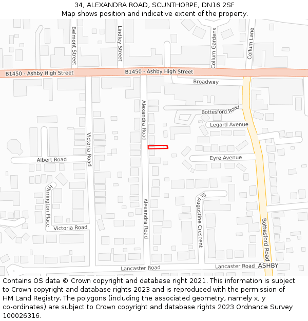 34, ALEXANDRA ROAD, SCUNTHORPE, DN16 2SF: Location map and indicative extent of plot
