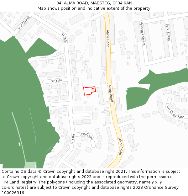 34, ALMA ROAD, MAESTEG, CF34 9AN: Location map and indicative extent of plot