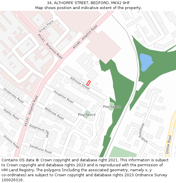 34, ALTHORPE STREET, BEDFORD, MK42 9HF: Location map and indicative extent of plot