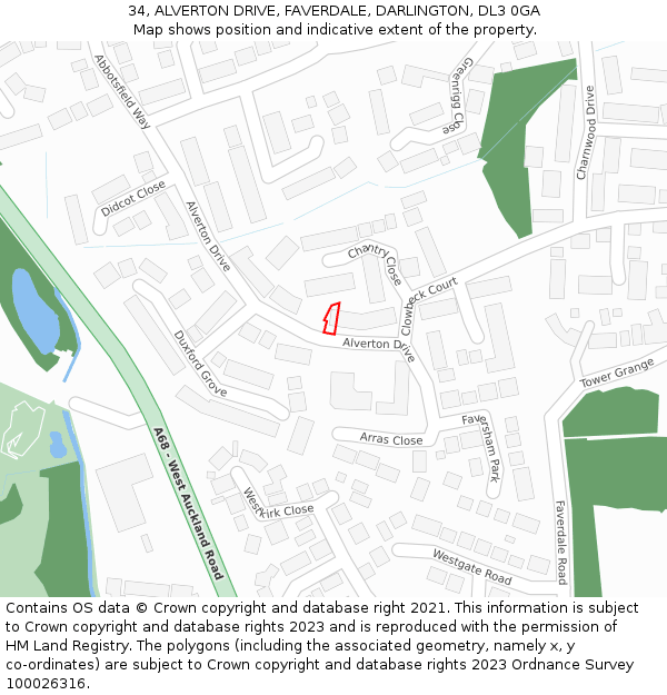 34, ALVERTON DRIVE, FAVERDALE, DARLINGTON, DL3 0GA: Location map and indicative extent of plot