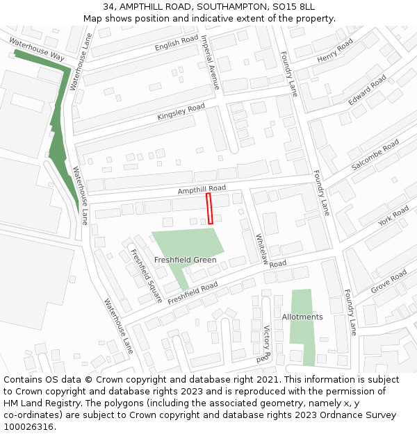 34, AMPTHILL ROAD, SOUTHAMPTON, SO15 8LL: Location map and indicative extent of plot