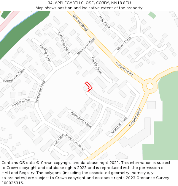 34, APPLEGARTH CLOSE, CORBY, NN18 8EU: Location map and indicative extent of plot