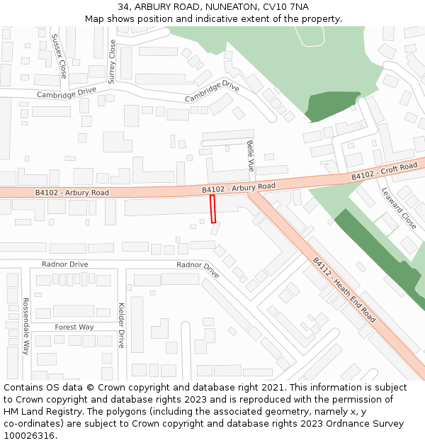 34, ARBURY ROAD, NUNEATON, CV10 7NA: Location map and indicative extent of plot