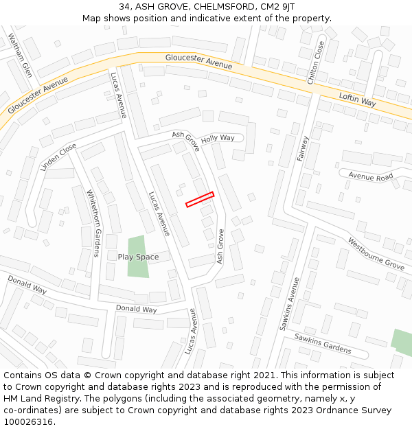 34, ASH GROVE, CHELMSFORD, CM2 9JT: Location map and indicative extent of plot