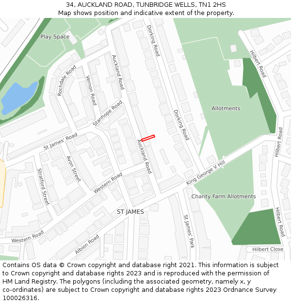 34, AUCKLAND ROAD, TUNBRIDGE WELLS, TN1 2HS: Location map and indicative extent of plot