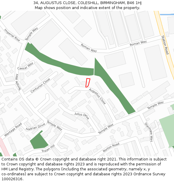 34, AUGUSTUS CLOSE, COLESHILL, BIRMINGHAM, B46 1HJ: Location map and indicative extent of plot