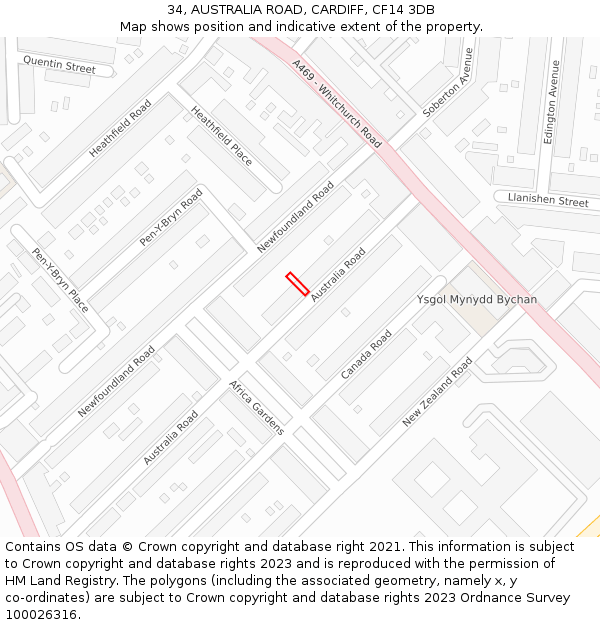 34, AUSTRALIA ROAD, CARDIFF, CF14 3DB: Location map and indicative extent of plot