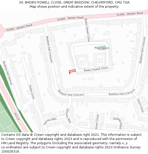 34, BADEN POWELL CLOSE, GREAT BADDOW, CHELMSFORD, CM2 7GA: Location map and indicative extent of plot
