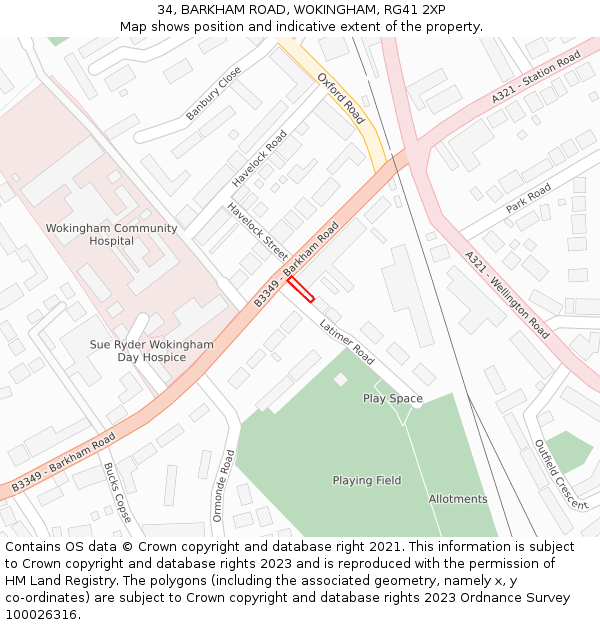 34, BARKHAM ROAD, WOKINGHAM, RG41 2XP: Location map and indicative extent of plot