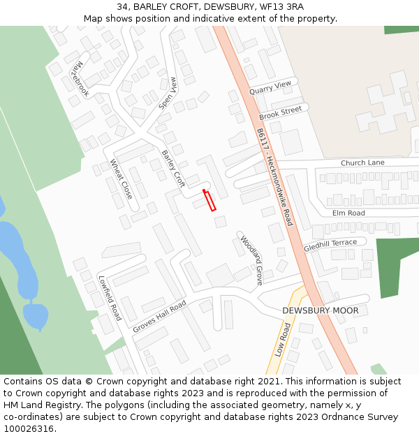 34, BARLEY CROFT, DEWSBURY, WF13 3RA: Location map and indicative extent of plot