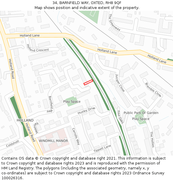 34, BARNFIELD WAY, OXTED, RH8 9QF: Location map and indicative extent of plot