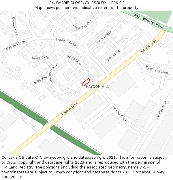 34, BARRIE CLOSE, AYLESBURY, HP19 8JF: Location map and indicative extent of plot