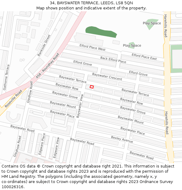 34, BAYSWATER TERRACE, LEEDS, LS8 5QN: Location map and indicative extent of plot