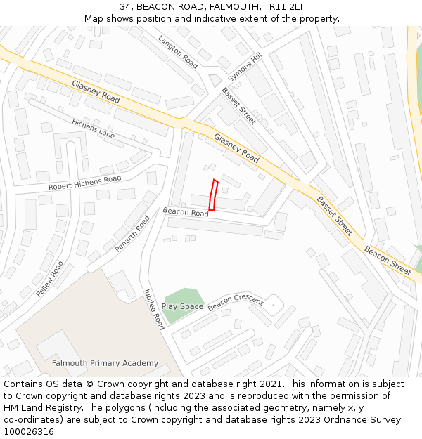 34, BEACON ROAD, FALMOUTH, TR11 2LT: Location map and indicative extent of plot