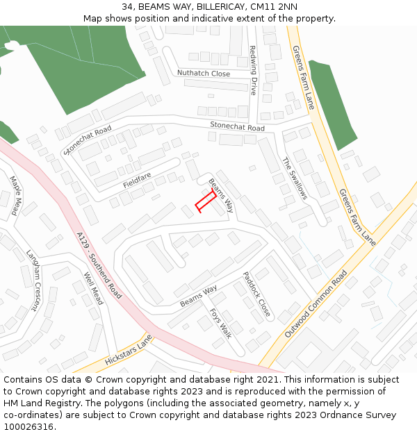 34, BEAMS WAY, BILLERICAY, CM11 2NN: Location map and indicative extent of plot