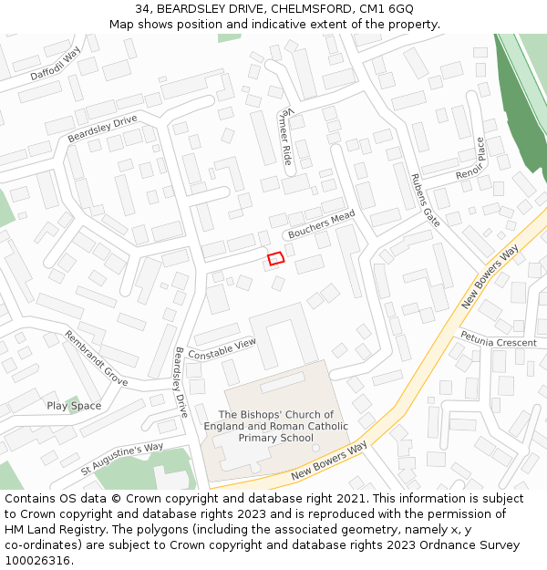 34, BEARDSLEY DRIVE, CHELMSFORD, CM1 6GQ: Location map and indicative extent of plot