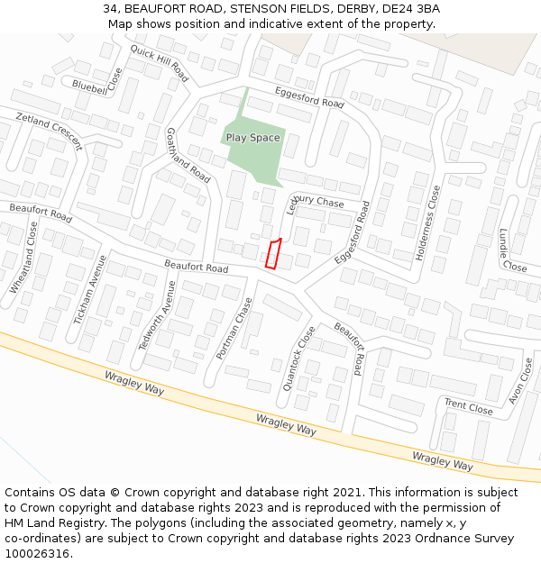 34, BEAUFORT ROAD, STENSON FIELDS, DERBY, DE24 3BA: Location map and indicative extent of plot