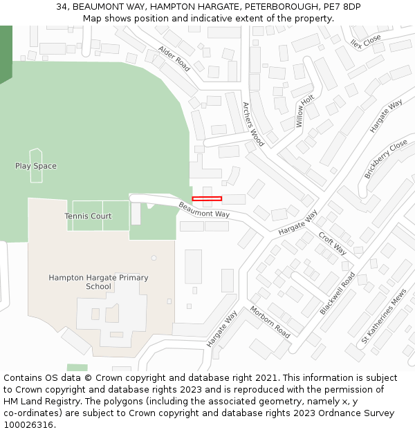 34, BEAUMONT WAY, HAMPTON HARGATE, PETERBOROUGH, PE7 8DP: Location map and indicative extent of plot