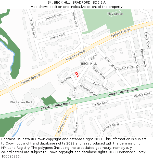 34, BECK HILL, BRADFORD, BD6 2JA: Location map and indicative extent of plot