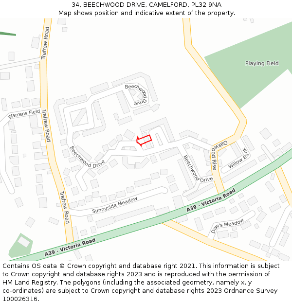 34, BEECHWOOD DRIVE, CAMELFORD, PL32 9NA: Location map and indicative extent of plot
