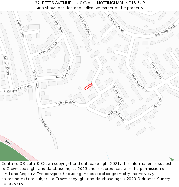 34, BETTS AVENUE, HUCKNALL, NOTTINGHAM, NG15 6UP: Location map and indicative extent of plot