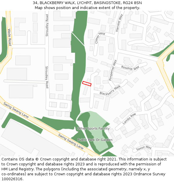 34, BLACKBERRY WALK, LYCHPIT, BASINGSTOKE, RG24 8SN: Location map and indicative extent of plot