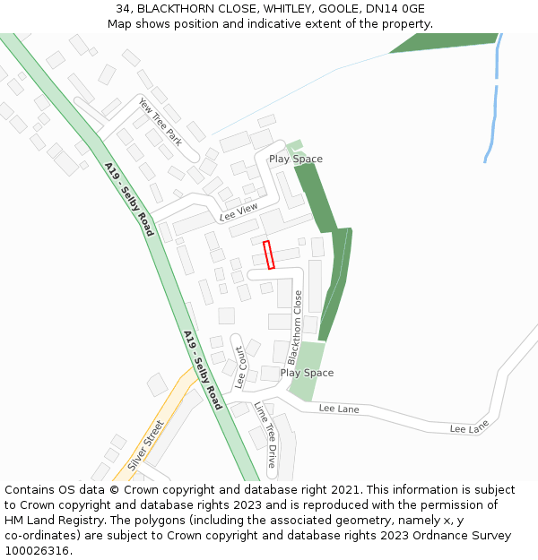 34, BLACKTHORN CLOSE, WHITLEY, GOOLE, DN14 0GE: Location map and indicative extent of plot