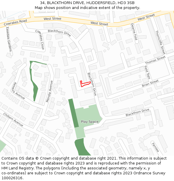 34, BLACKTHORN DRIVE, HUDDERSFIELD, HD3 3SB: Location map and indicative extent of plot