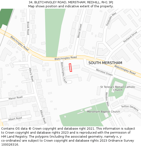34, BLETCHINGLEY ROAD, MERSTHAM, REDHILL, RH1 3PJ: Location map and indicative extent of plot
