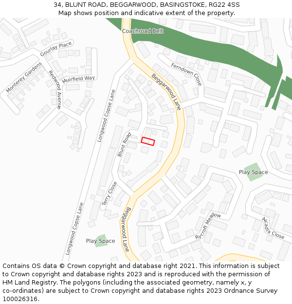 34, BLUNT ROAD, BEGGARWOOD, BASINGSTOKE, RG22 4SS: Location map and indicative extent of plot