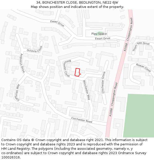 34, BONCHESTER CLOSE, BEDLINGTON, NE22 6JW: Location map and indicative extent of plot