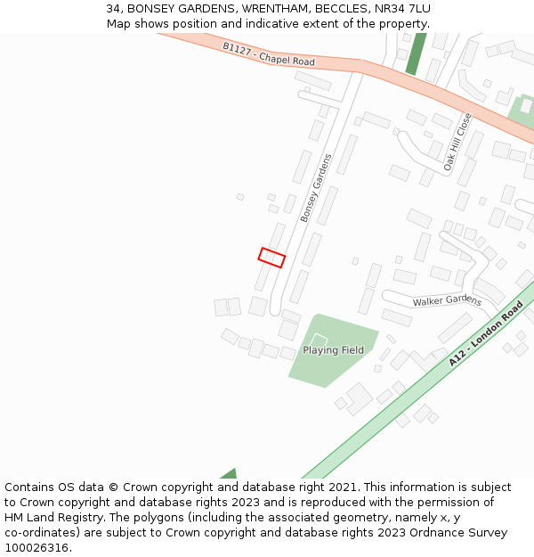 34, BONSEY GARDENS, WRENTHAM, BECCLES, NR34 7LU: Location map and indicative extent of plot