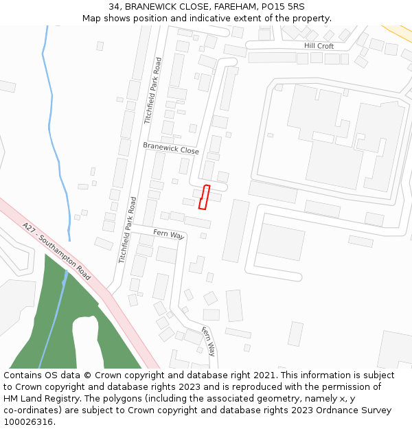 34, BRANEWICK CLOSE, FAREHAM, PO15 5RS: Location map and indicative extent of plot