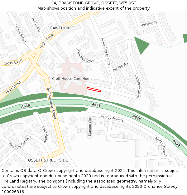 34, BRANSTONE GROVE, OSSETT, WF5 9ST: Location map and indicative extent of plot