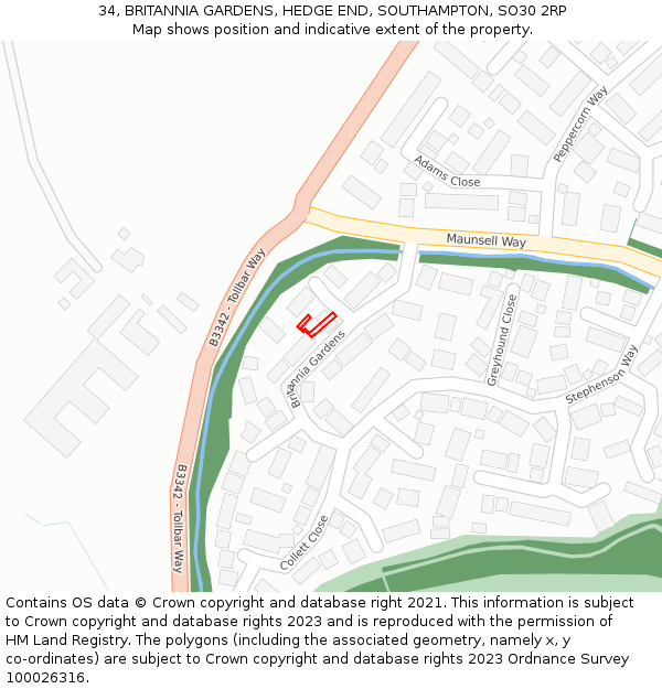 34, BRITANNIA GARDENS, HEDGE END, SOUTHAMPTON, SO30 2RP: Location map and indicative extent of plot