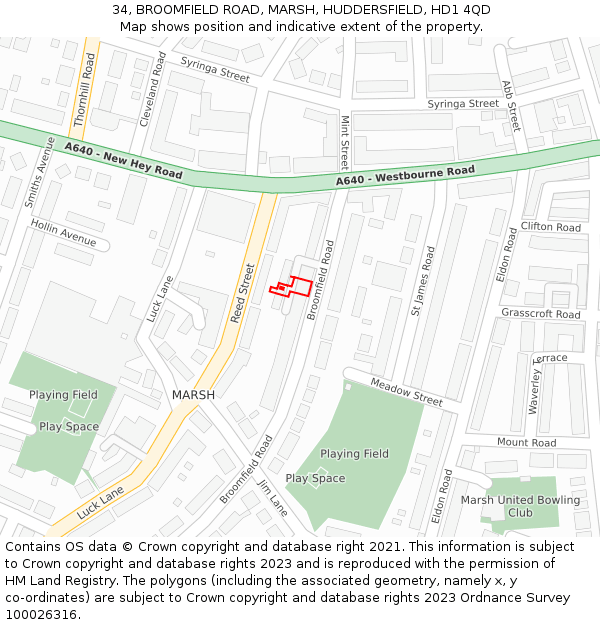 34, BROOMFIELD ROAD, MARSH, HUDDERSFIELD, HD1 4QD: Location map and indicative extent of plot