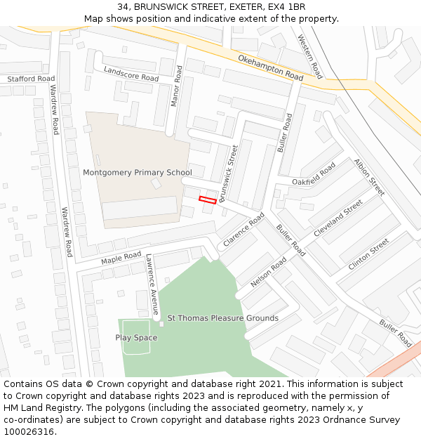 34, BRUNSWICK STREET, EXETER, EX4 1BR: Location map and indicative extent of plot